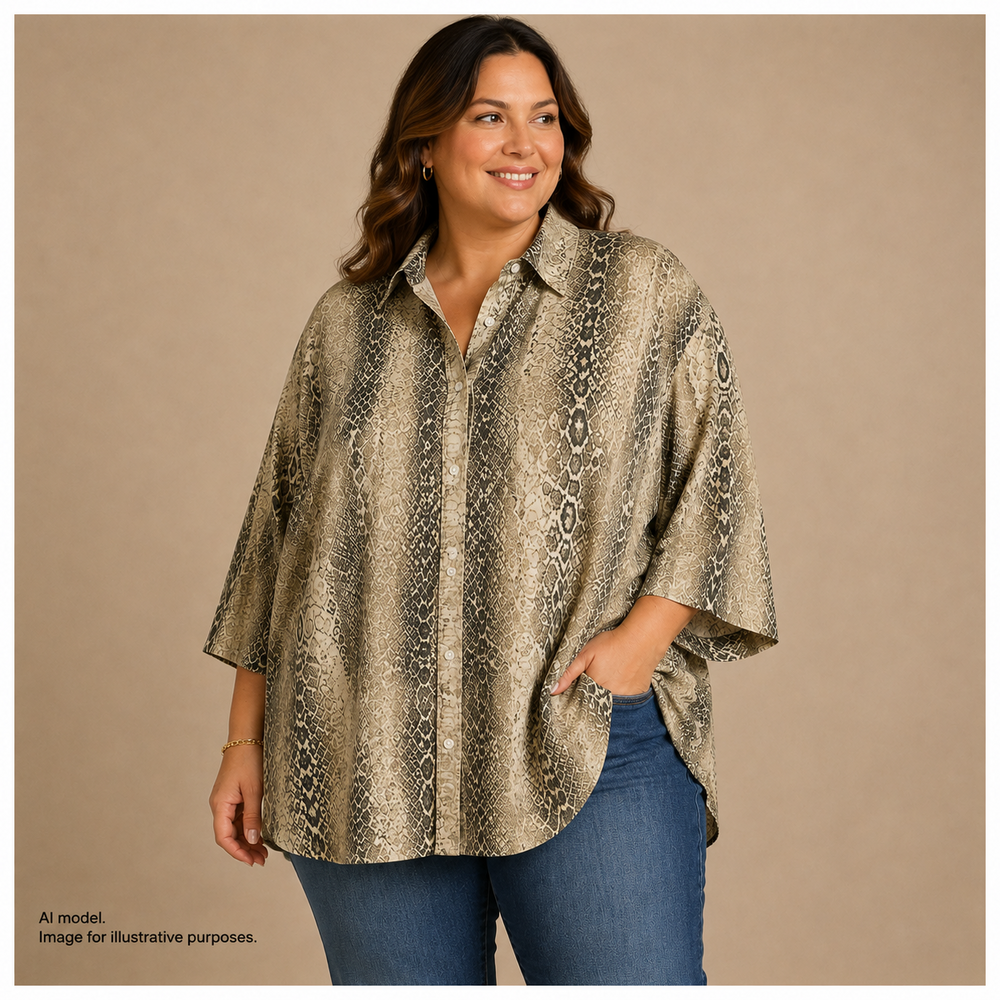 Lauren Ralph Lauren Shirt Womens 3X Beige Black Snakeskin Print Button Up Top